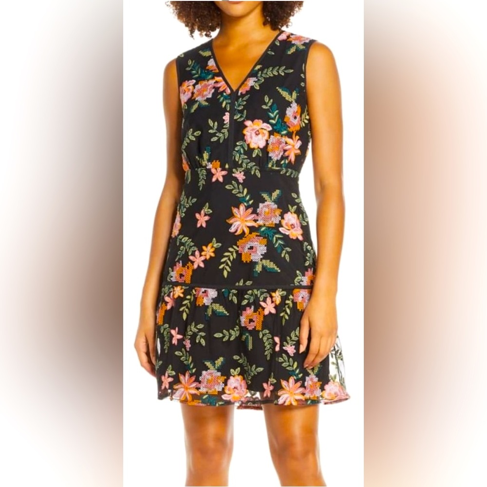 Sam Edelman Sleeveless Embroidered Floral Flounced Mesh A-Line Dress